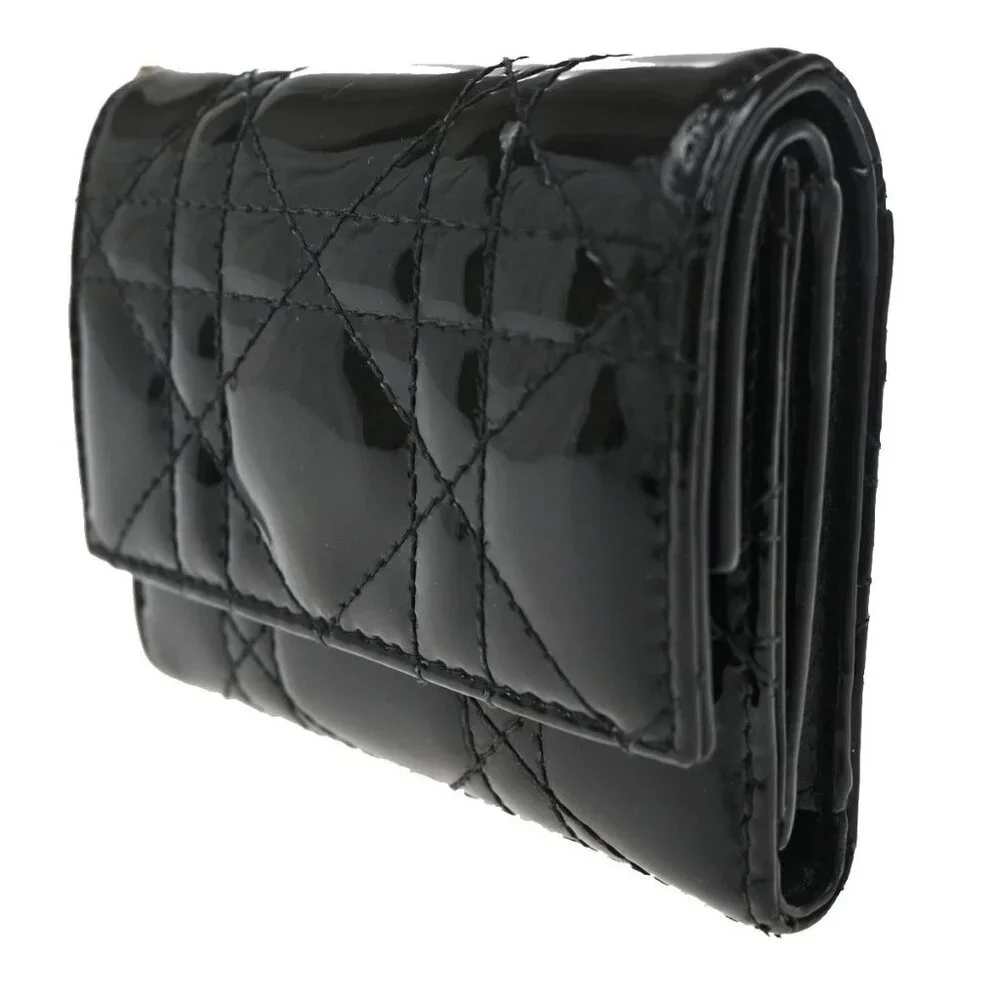 CHRISTIAN DIOR Cannage Trifold Compact Wallet Patent Leather Black GHW 35TA317